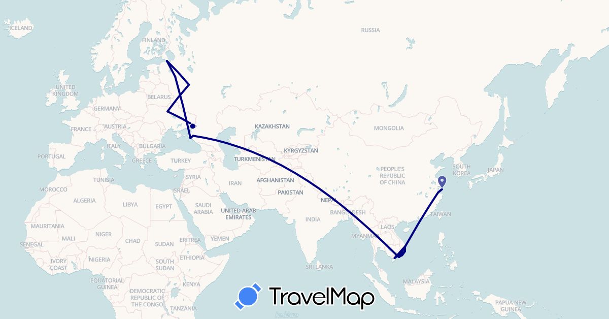 TravelMap itinerary: driving in China, Russia, Ukraine, Vietnam (Asia, Europe)